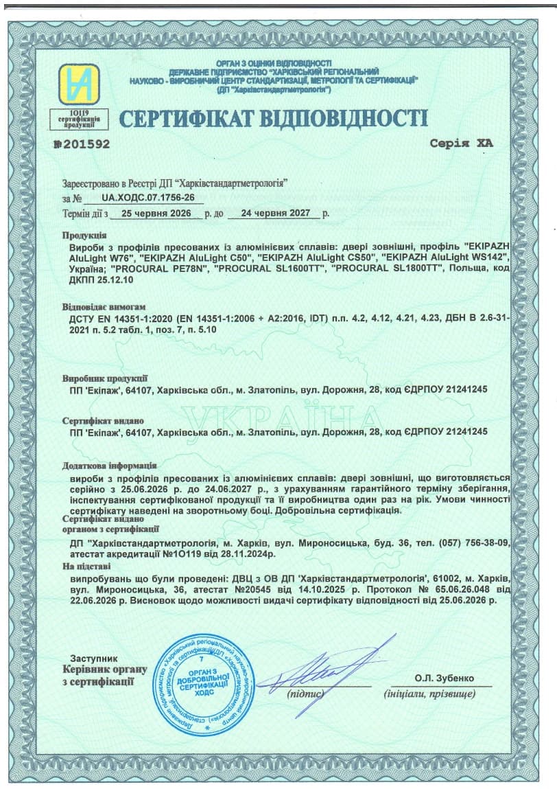 Сертифікат відповідності на двері зовнішні з алюмінієвих сплавів